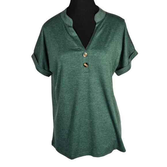 Tops - NWOT | Forest Green V-Neck Henley Roll Tab Short Sleeve Top | Small